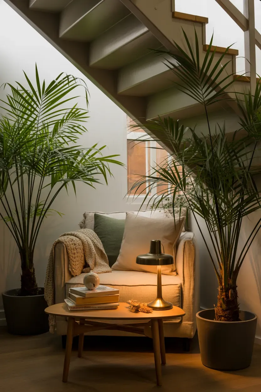 Cozy reading nook under a staircase furnished with potted palms and a soft armchair