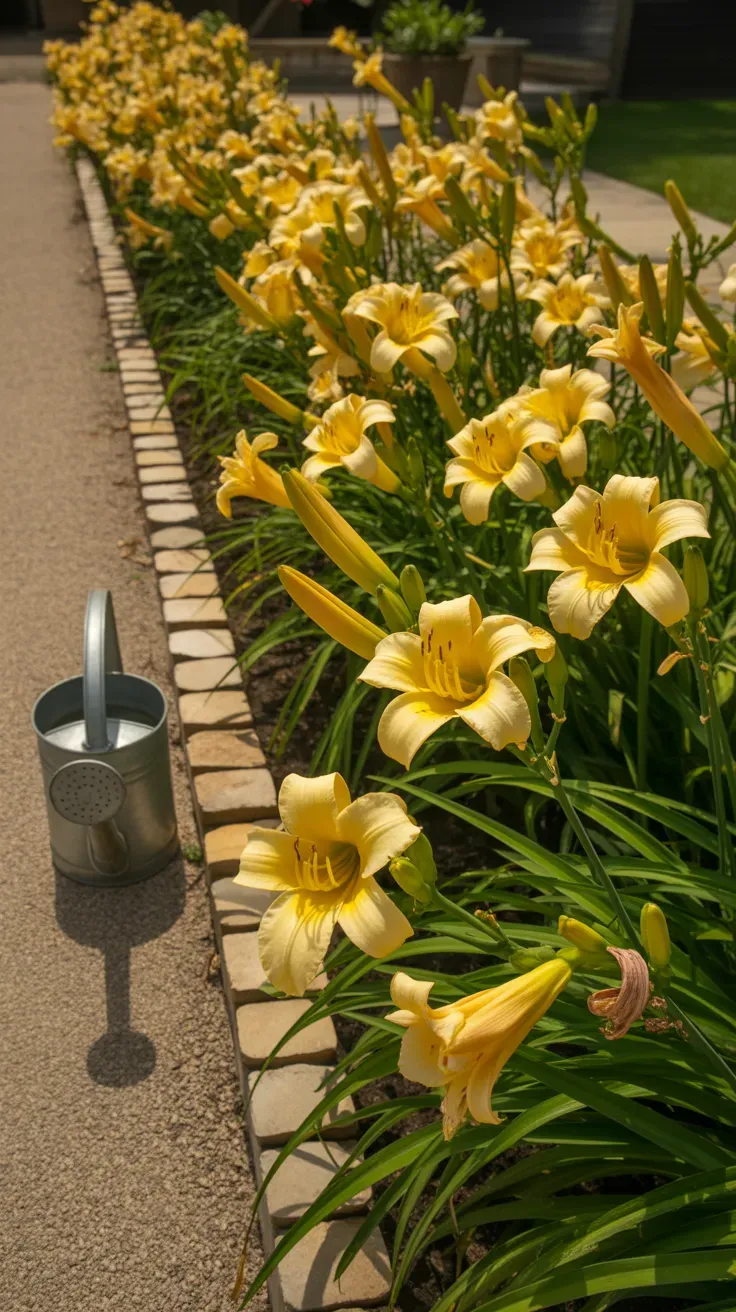 Golden reblooming daylilies with trumpet-shaped flowers lining a sunny garden path
