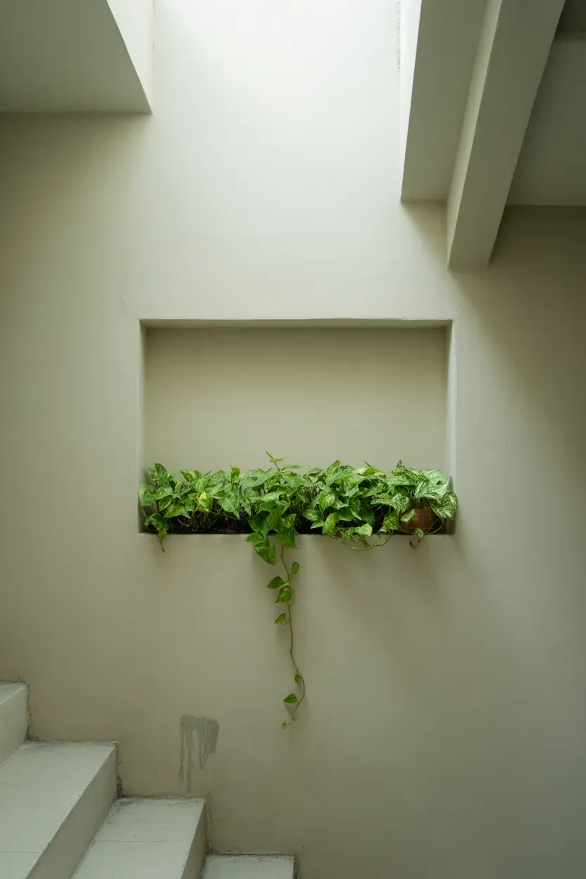 Trailing pothos growing from a recessed wall niche built into a minimalist staircase wall