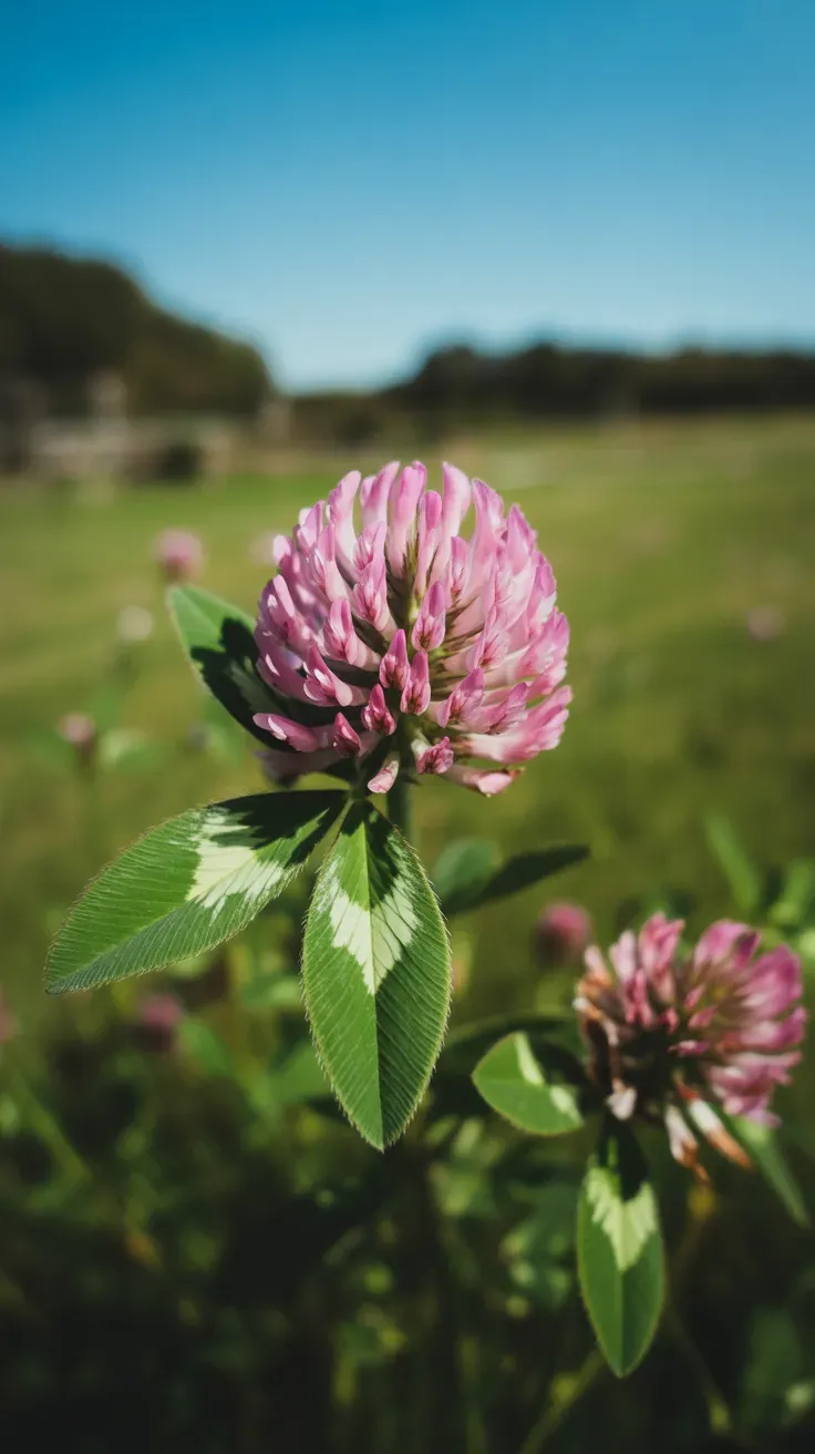 Pink-red clover blossom with three-part leaves in a sunny grassy field