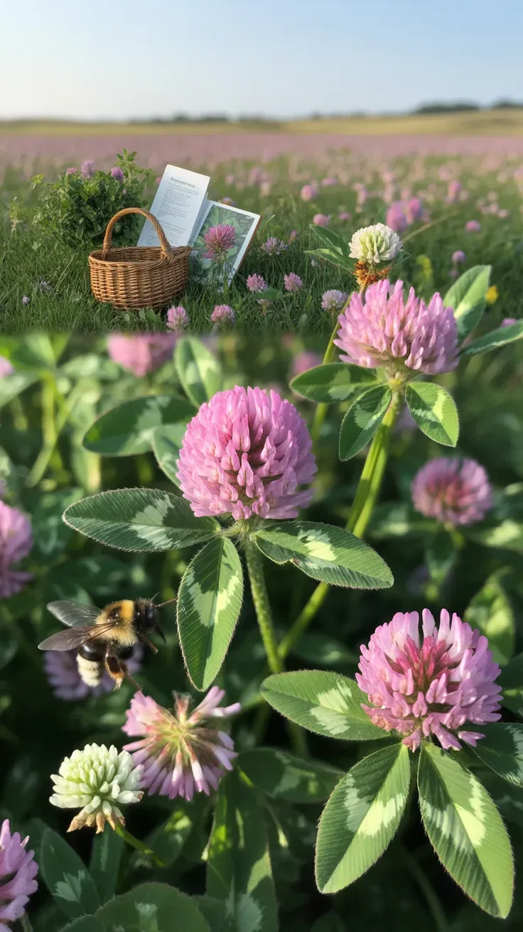 Red clover with round pink-purple blooms and trifoliate leaves growing in open field