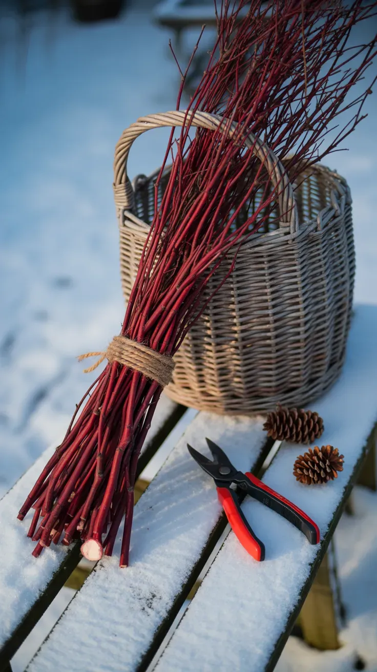 Bundle of red-osier dogwood stems with vivid red bark beside a basket frame