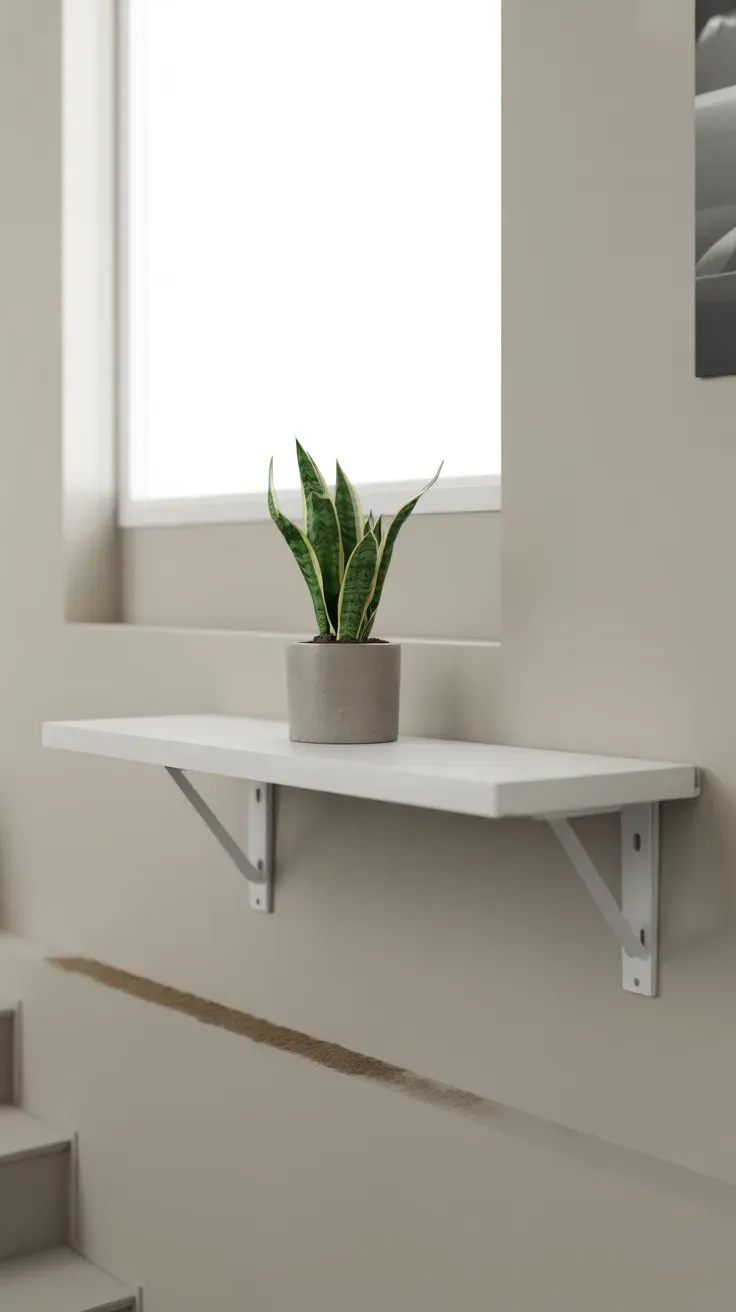 Floating shelf mounted with removable adhesive strips holding a snake plant on a rental staircase wall
