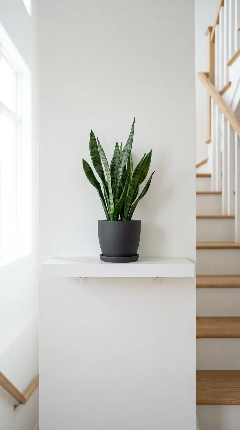 Floating shelf mounted with removable adhesive strips holding a snake plant on a staircase wall