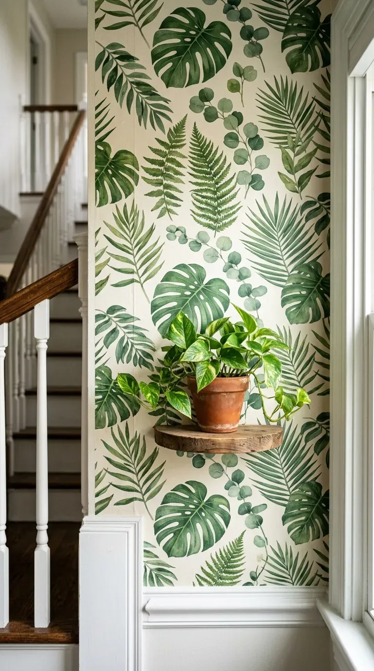 Peel-and-stick botanical leaf wallpaper installed on a staircase wall as a backdrop