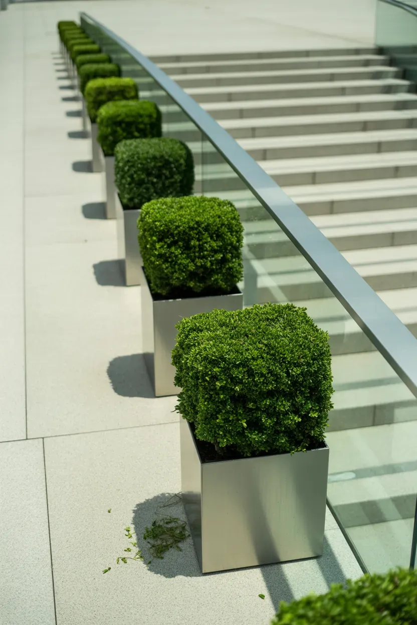 Repeated square-clipped boxwood cubes in metal planters lining geometric modern staircase