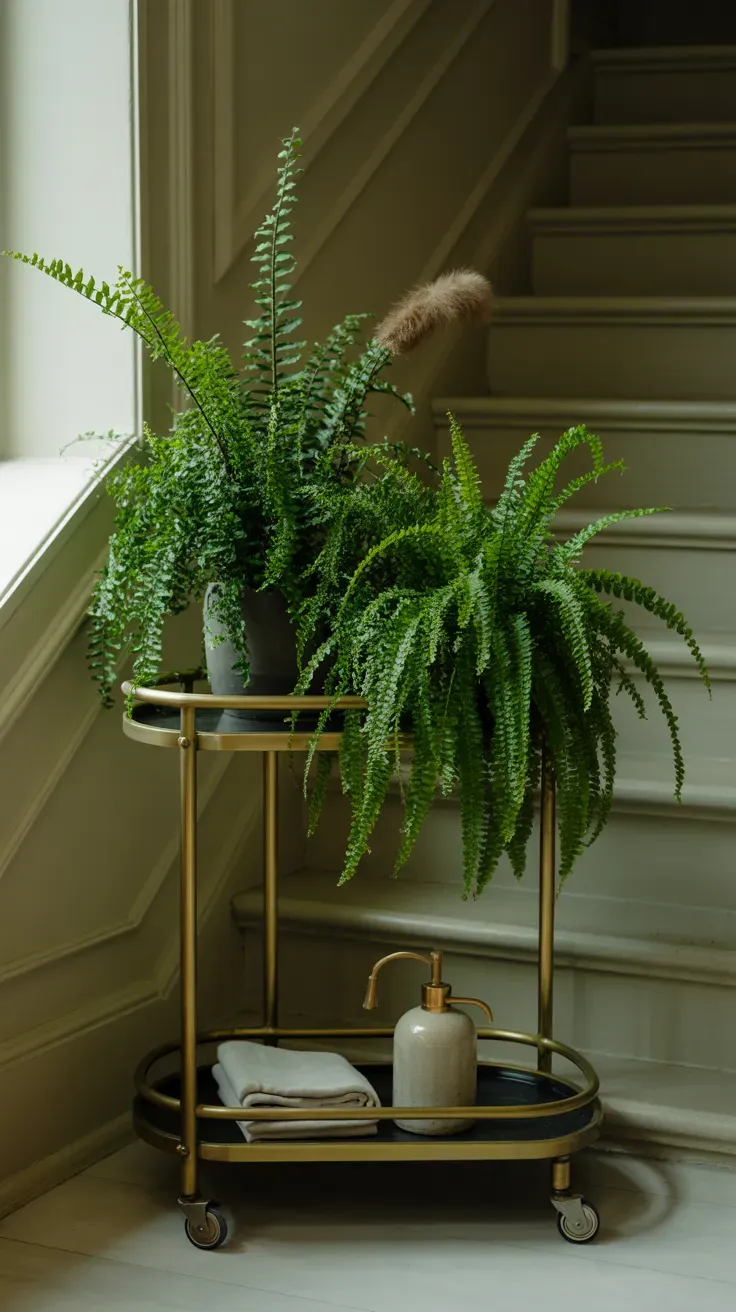 Repurposed bar cart holding potted ferns on a rental apartment staircase landing