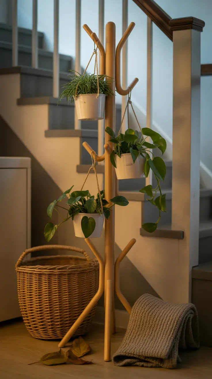 Freestanding wooden coat rack repurposed to hold hanging pothos plants on a rental staircase landing