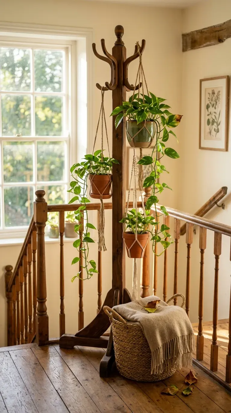 Freestanding wooden coat rack repurposed to hold hanging pothos plants on a staircase landing