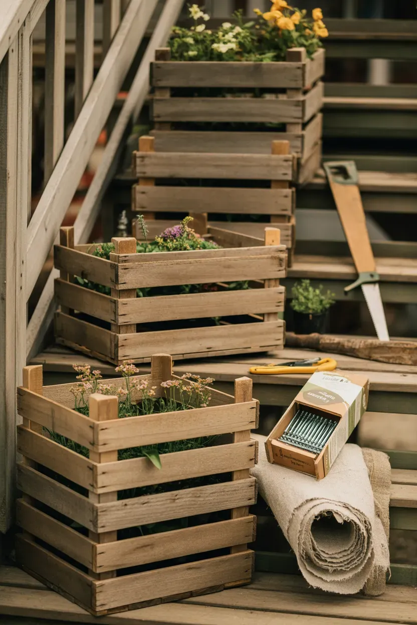 Wooden crate planters filled with flowers stacked along rustic DIY garden staircase