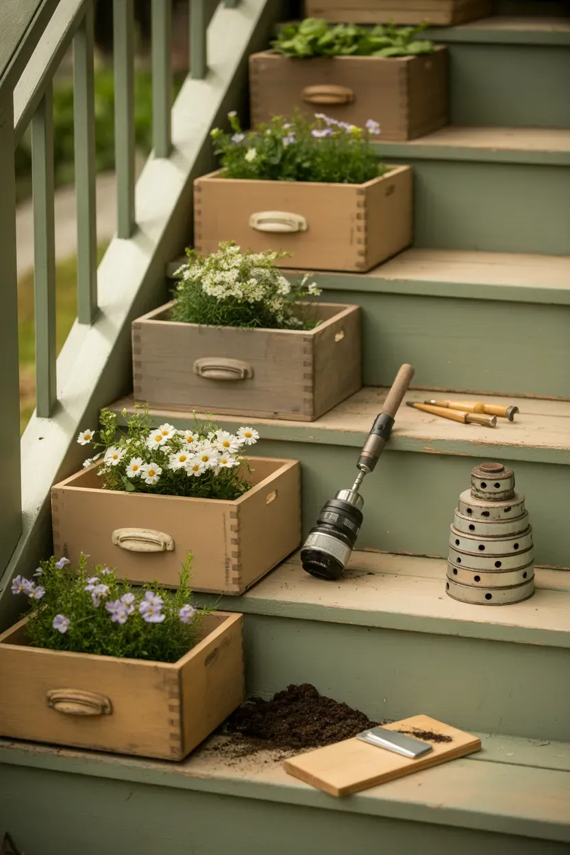 Old wooden drawers repurposed as planters filled with flowers on vintage staircase