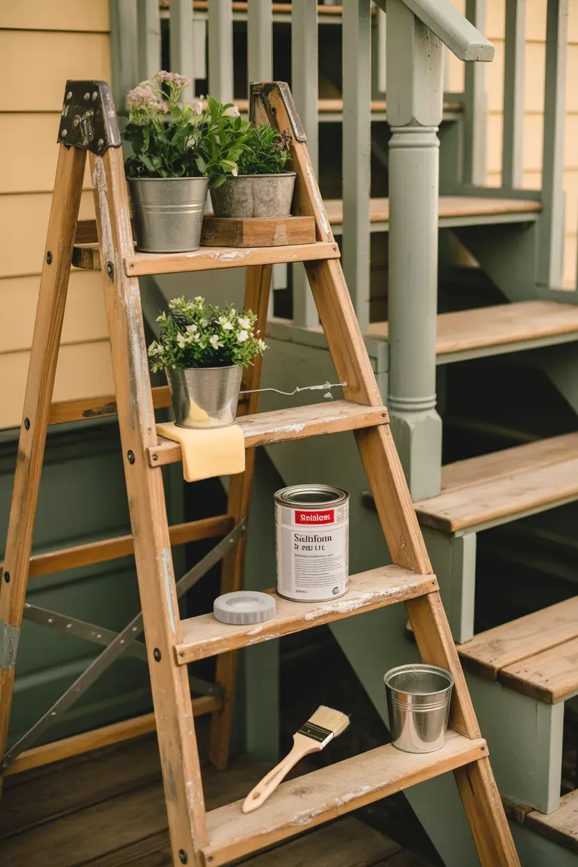 Old wooden ladder repurposed as tiered plant shelf beside vintage garden staircase