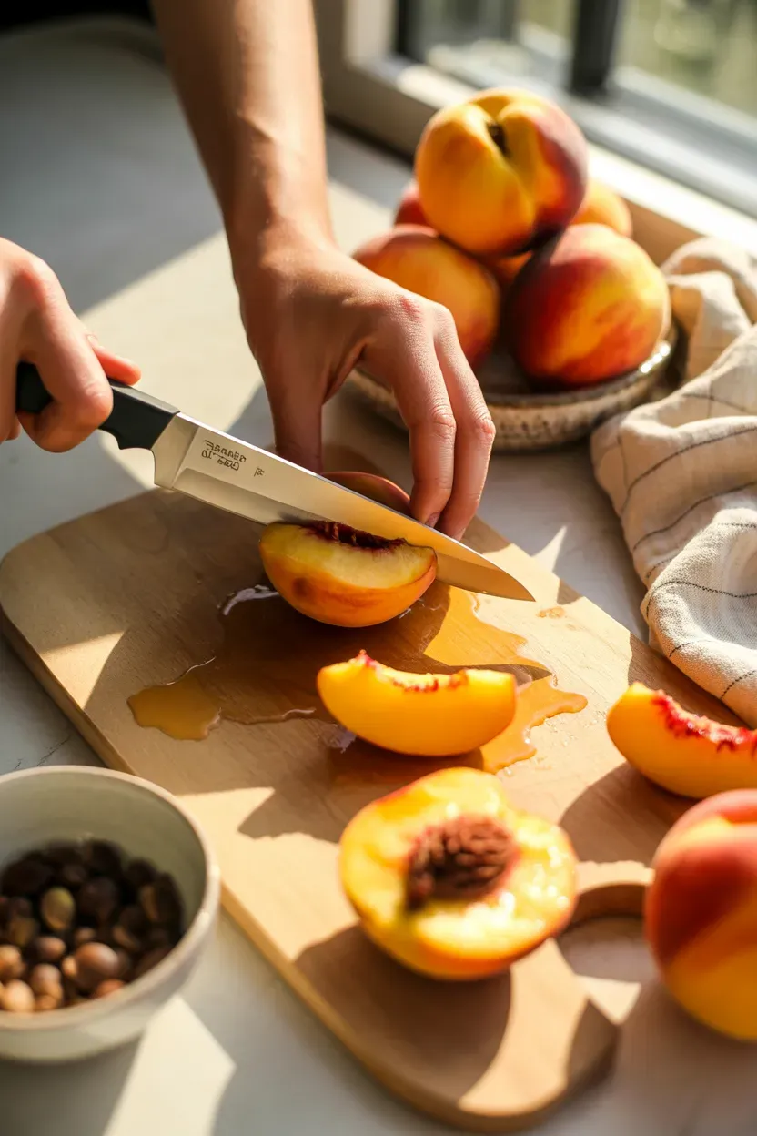 Ripe peaches being sliced and pitted on a cutting board for sorbet