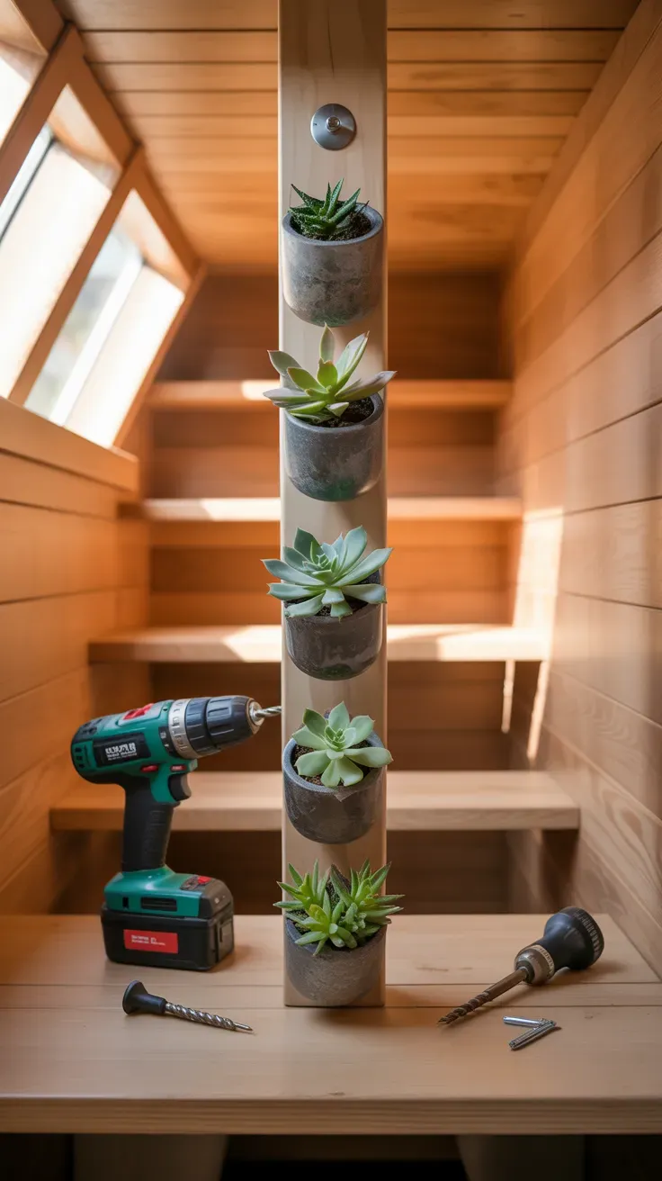 Mini planters mounted on solid stair risers filled with succulents in compact tiny home