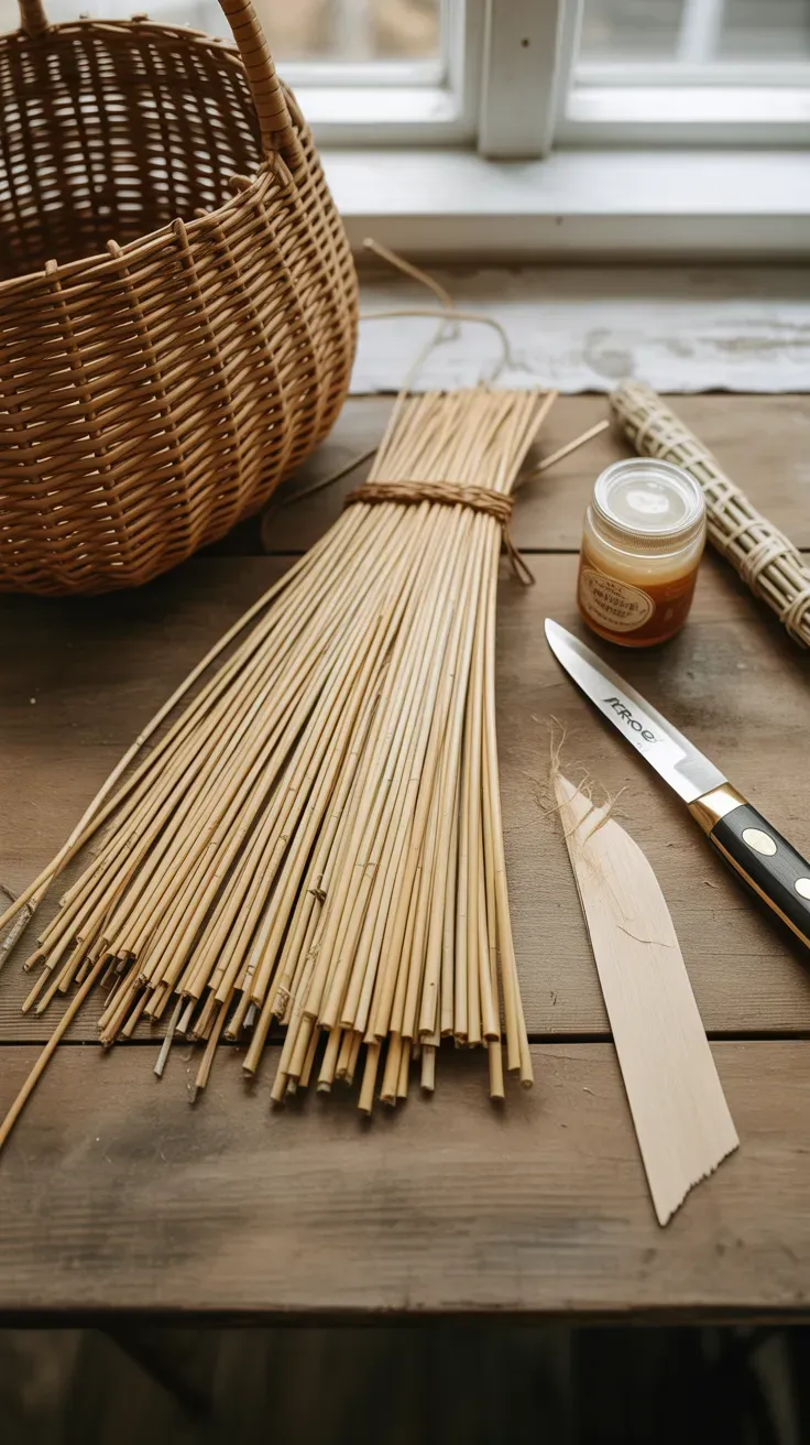 Split river cane strips laid in a fan pattern beside a traditional woven basket
