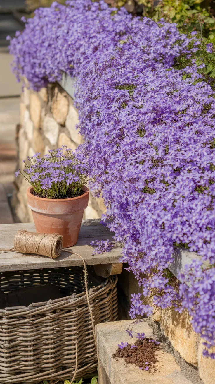 Rock cress with purple flowers cascading down sunny stone retaining wall
