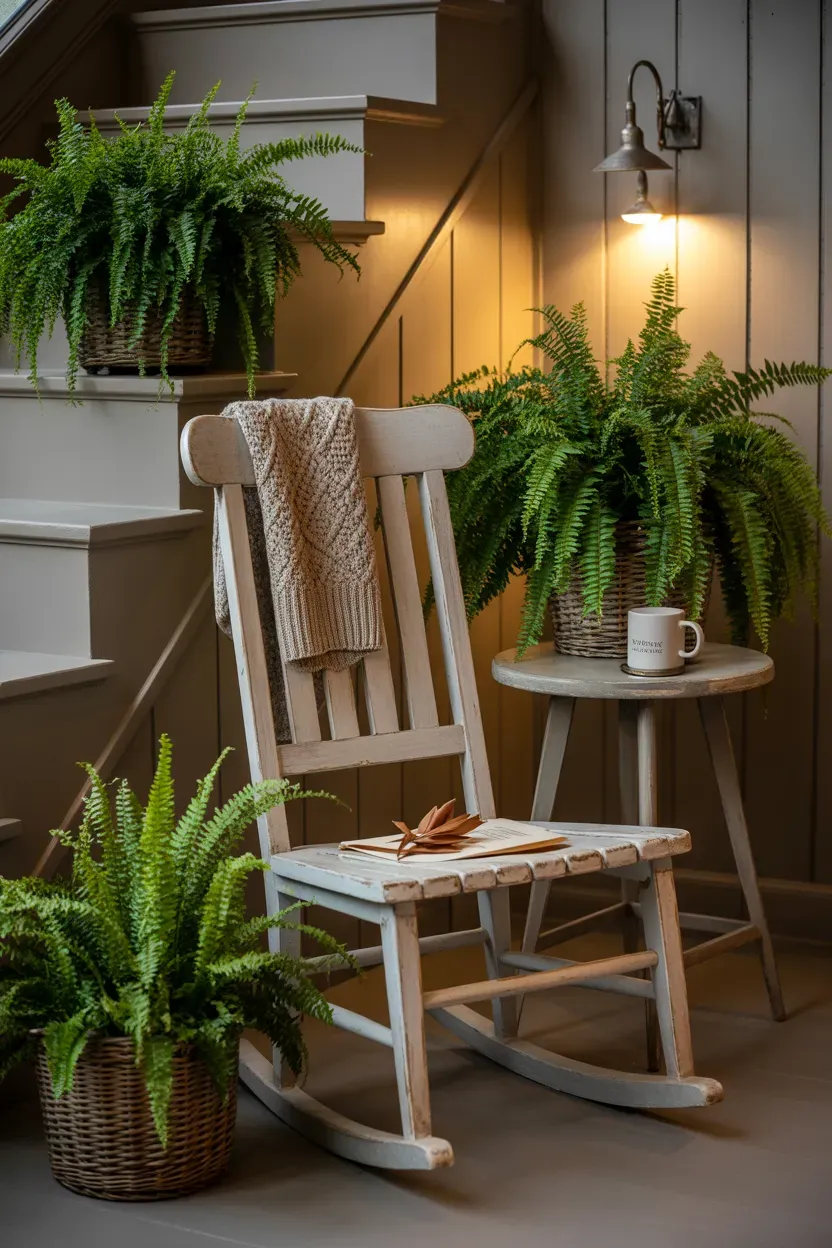 Wooden rocking chair styled with Boston ferns in a cozy nook beside a farmhouse staircase