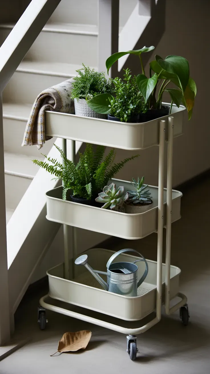 Rolling three-tier cart holding mixed potted plants near a rental apartment staircase