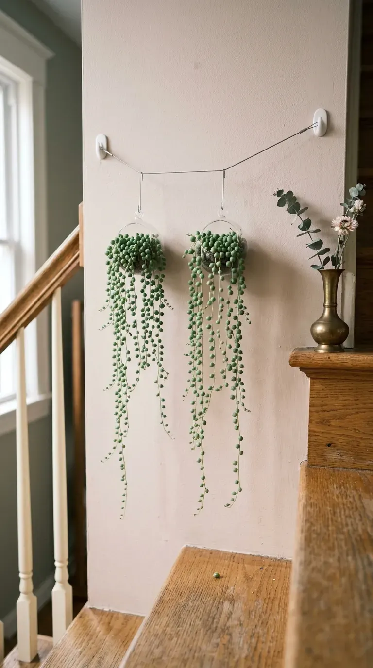 Rolling three-tier cart holding mixed potted plants at the base of a staircase