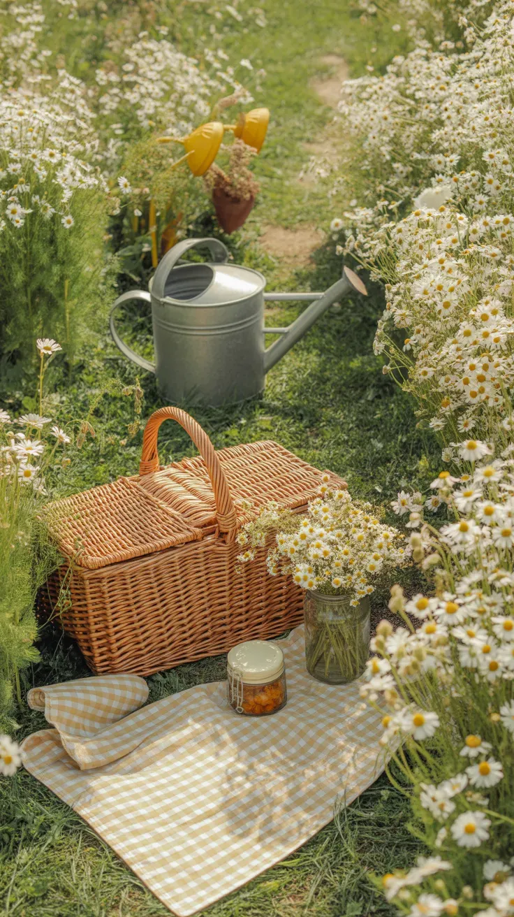 Feathery Roman chamomile with small white daisy flowers along a sunny cottage garden path