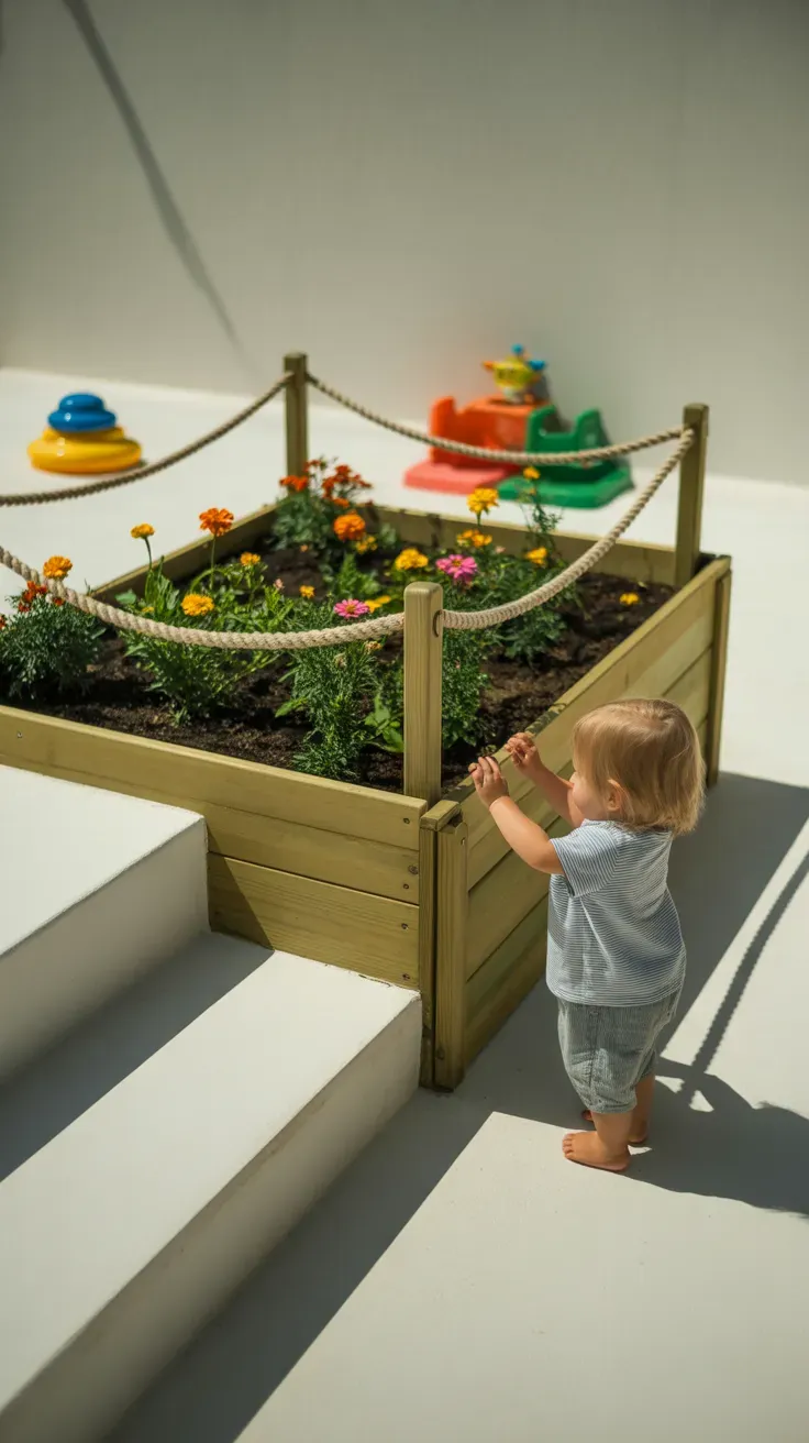 Raised garden bed with rope barrier creating visual physical separation beside kid-safe staircase