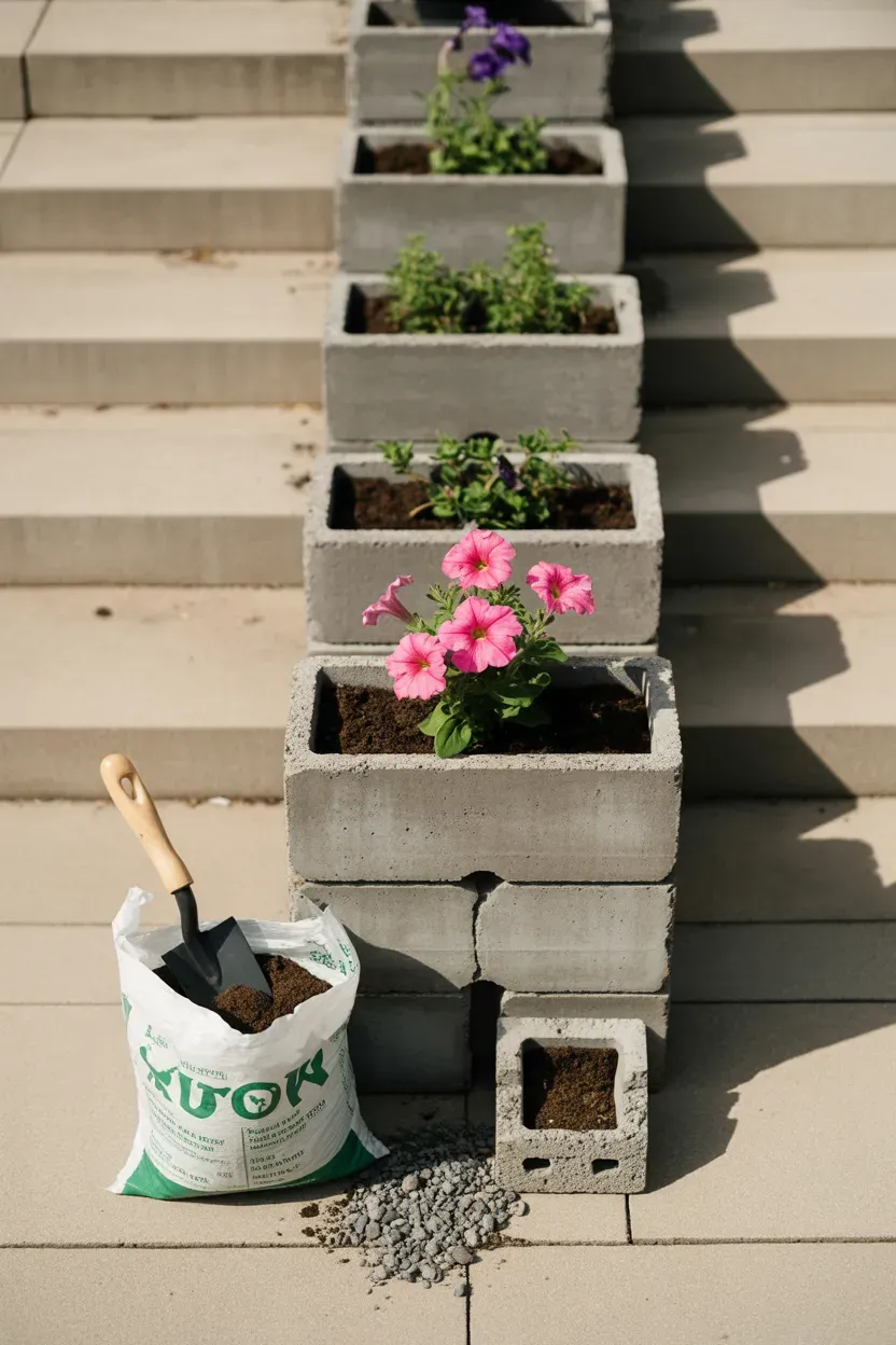 Coco-lined baskets hung with rope displaying flowers along bohemian staircase