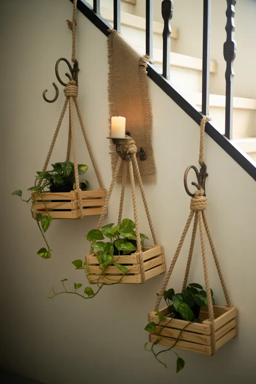 Small wooden crates hung from thick rope holding pothos plants on a staircase wall
