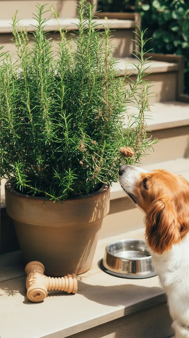 Rosemary bush in heavy terracotta pot resistant to dog chewing on garden staircase