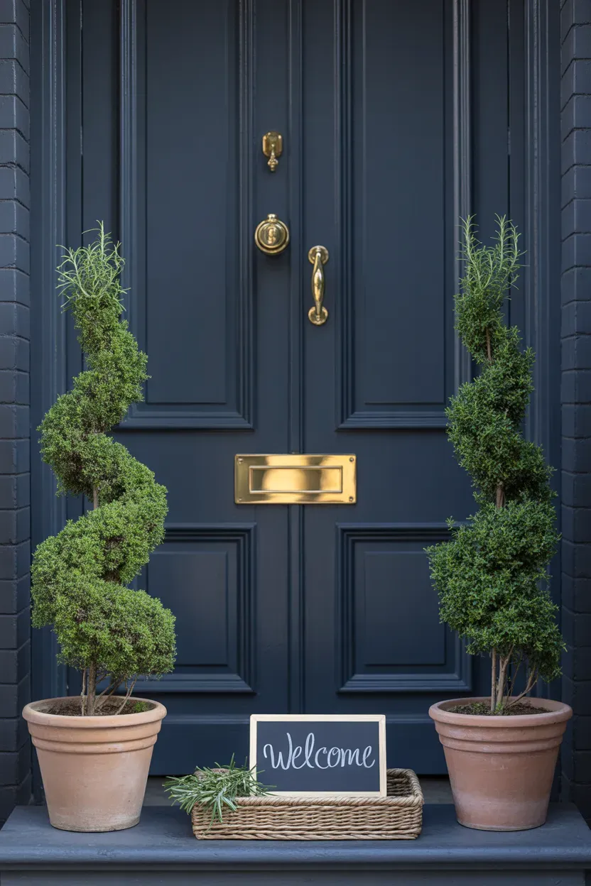 Matching rosemary topiary plants flanking formal front door staircase entrance