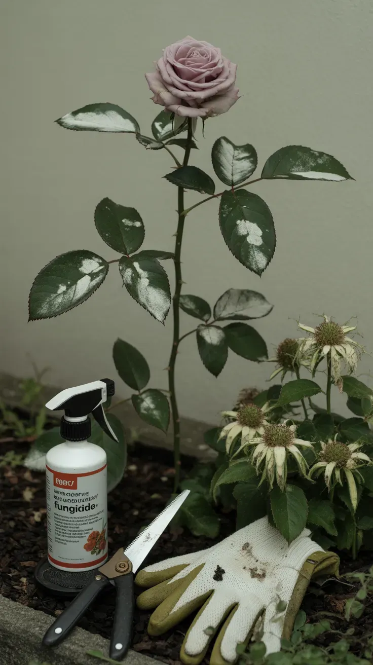 Rose bush showing powdery mildew leaves growing too close to bee balm plants