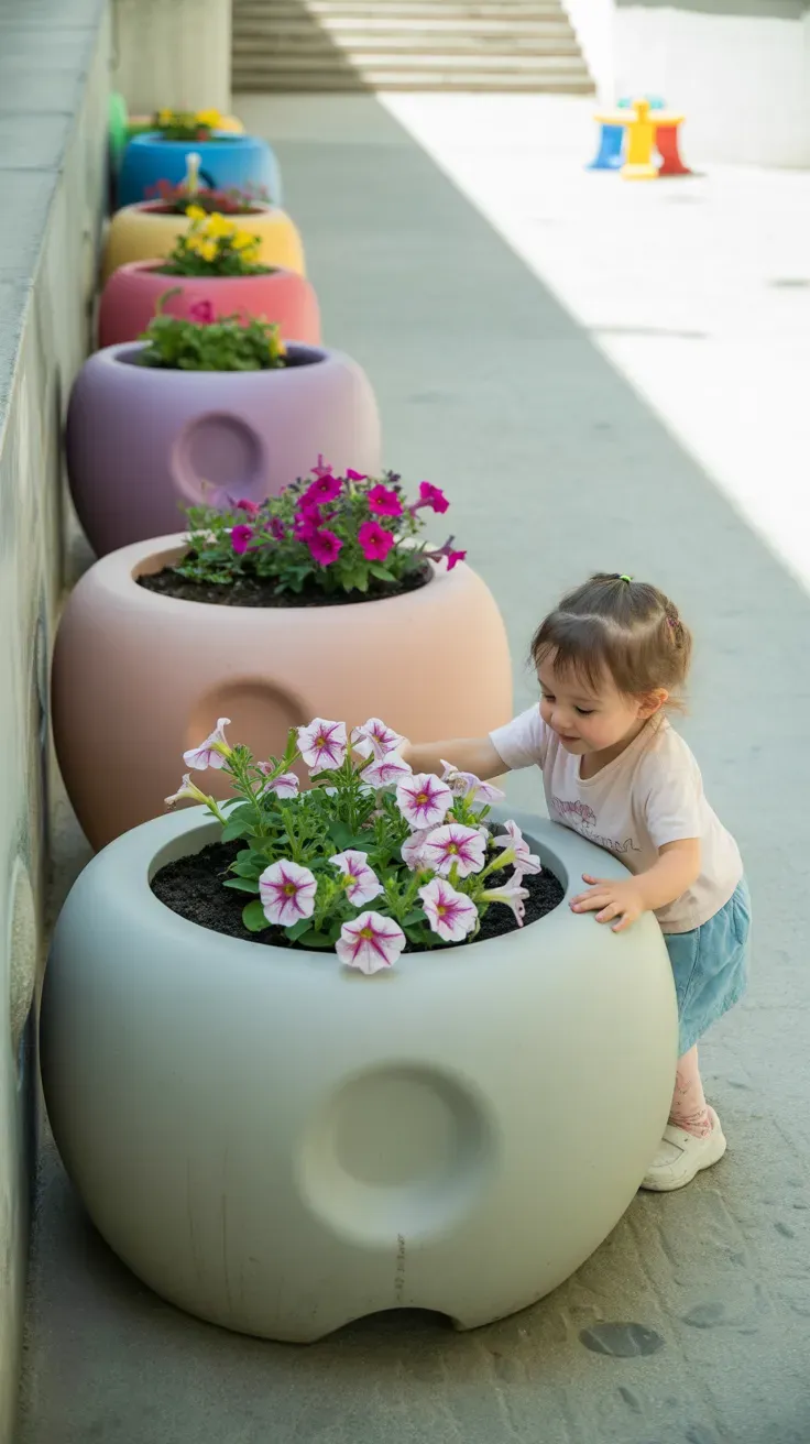 Rounded rubber planters with flowers providing unbreakable injury-resistant containers on kid-safe staircase