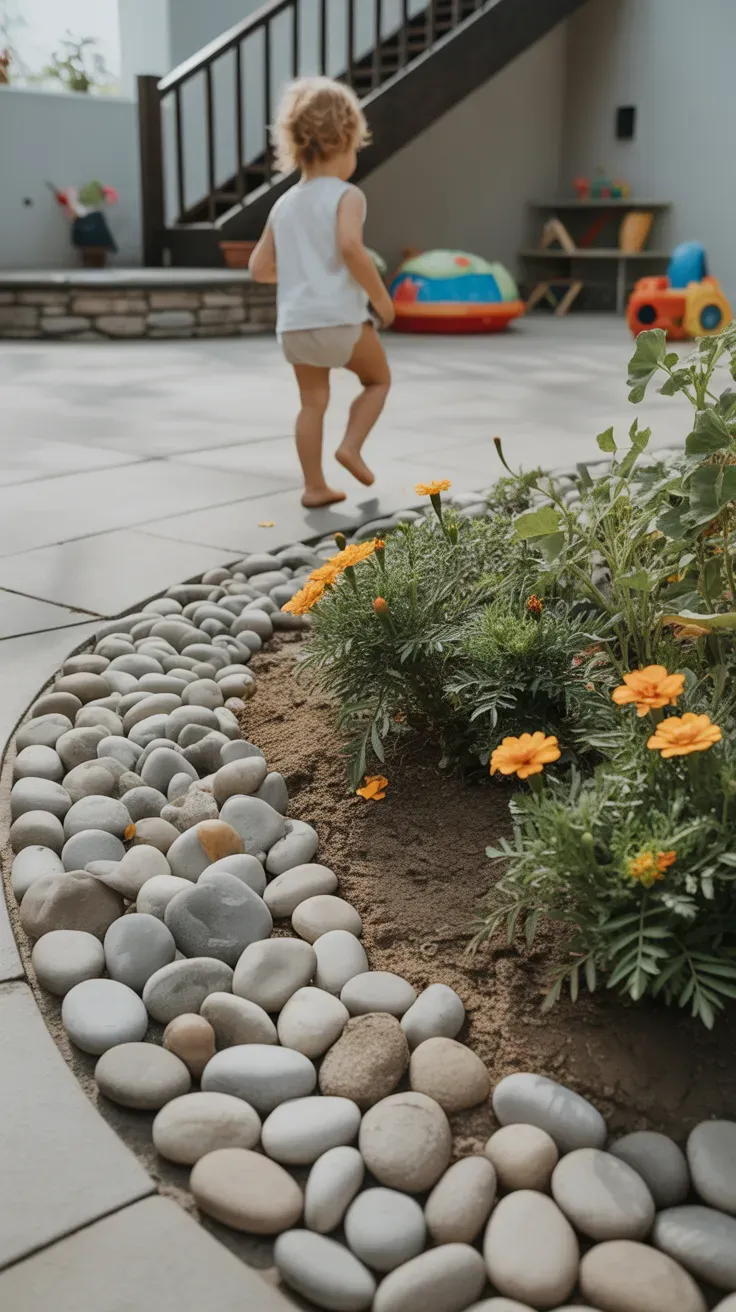 Smooth rounded river rock border providing safe fall-softening texture near kid-friendly staircase