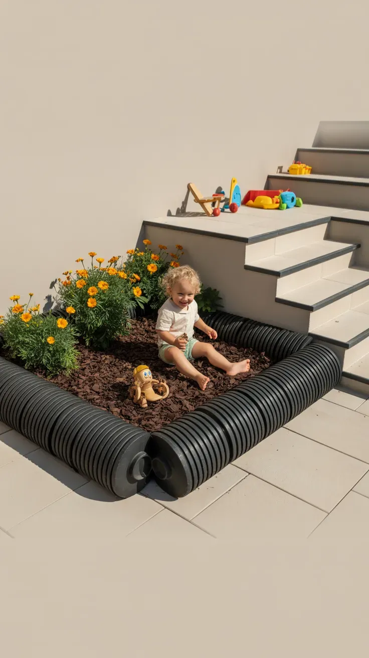Rubber mulch garden bed border providing fall cushioning safety near kid-friendly staircase