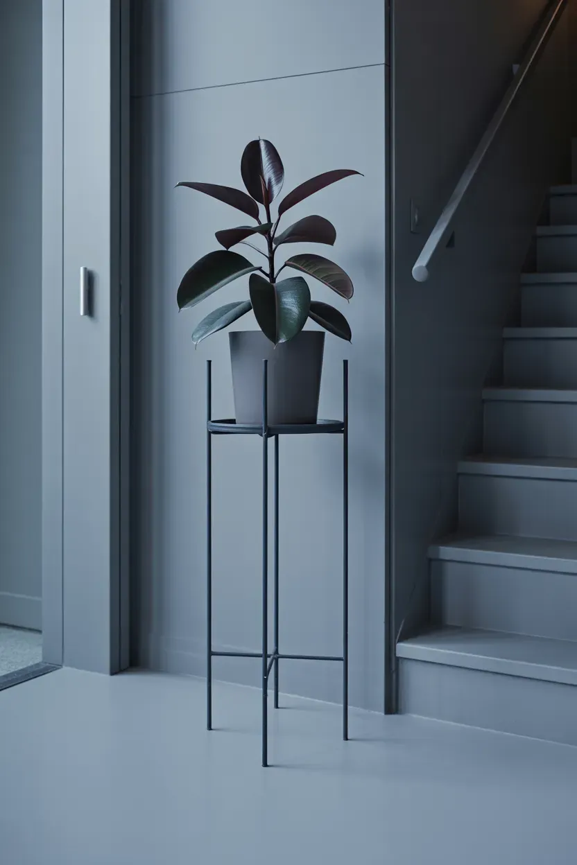 Rubber plant with dark glossy leaves on a black steel stand beside a minimalist staircase