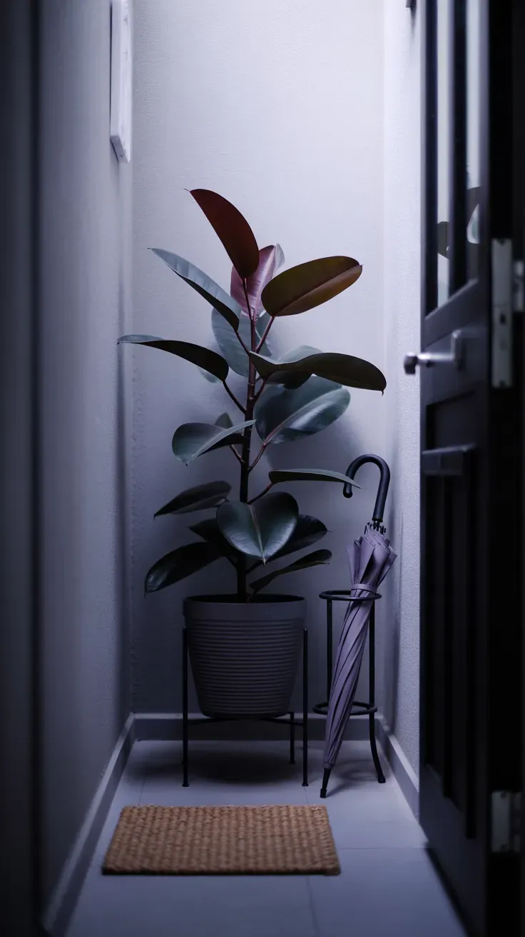 Rubber plant with dark burgundy glossy leaves standing in modern hallway corner