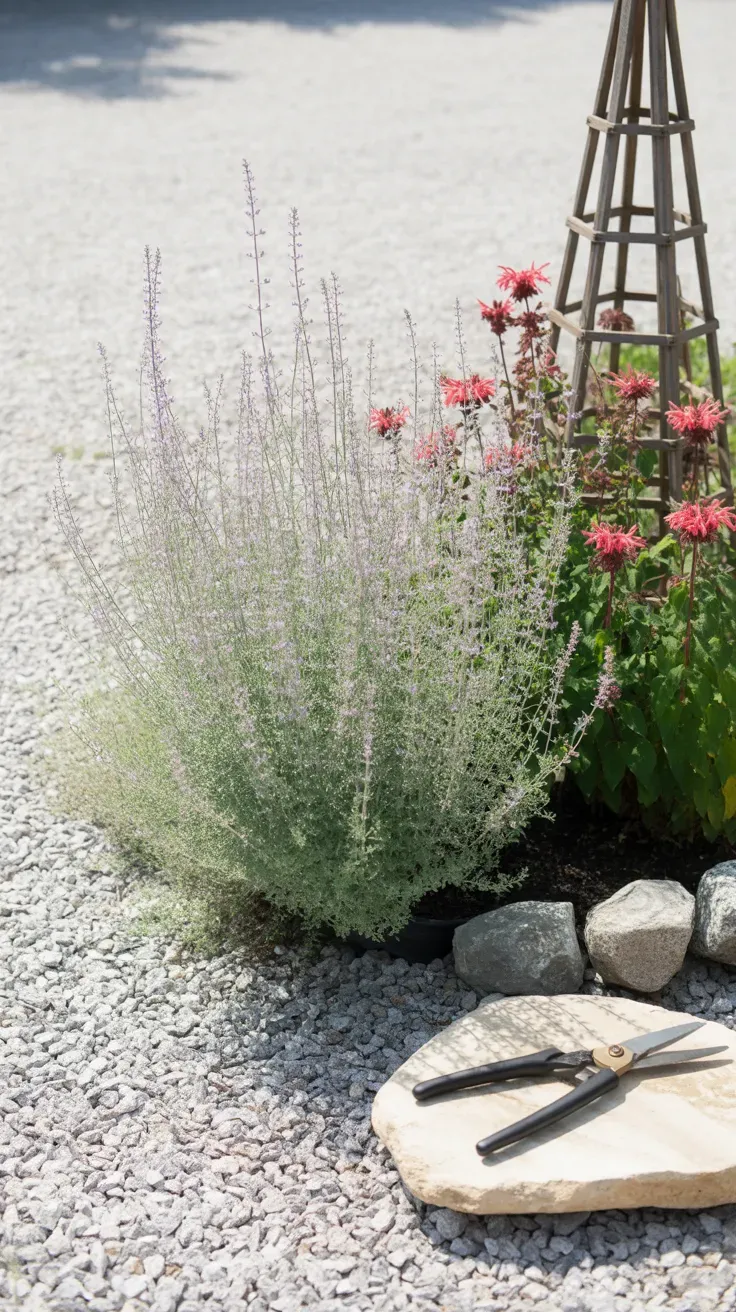 Silvery Russian sage stems growing beside red bee balm in a dry garden bed