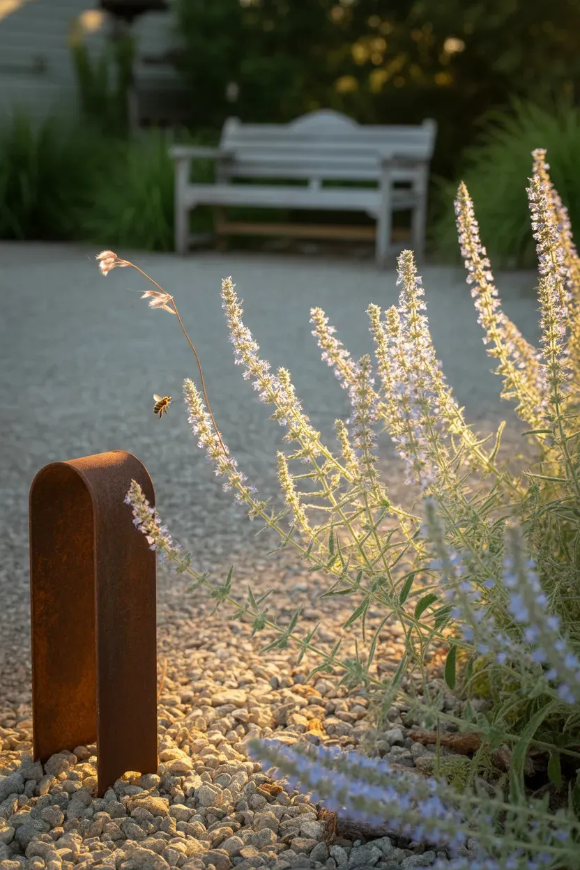 Russian sage with airy silver-blue blooms lining sunny gravel driveway border