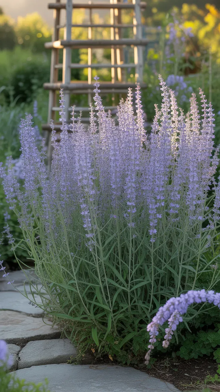 Tall Russian sage with lavender-blue flowers and silvery stems in a sunny back-of-border planting