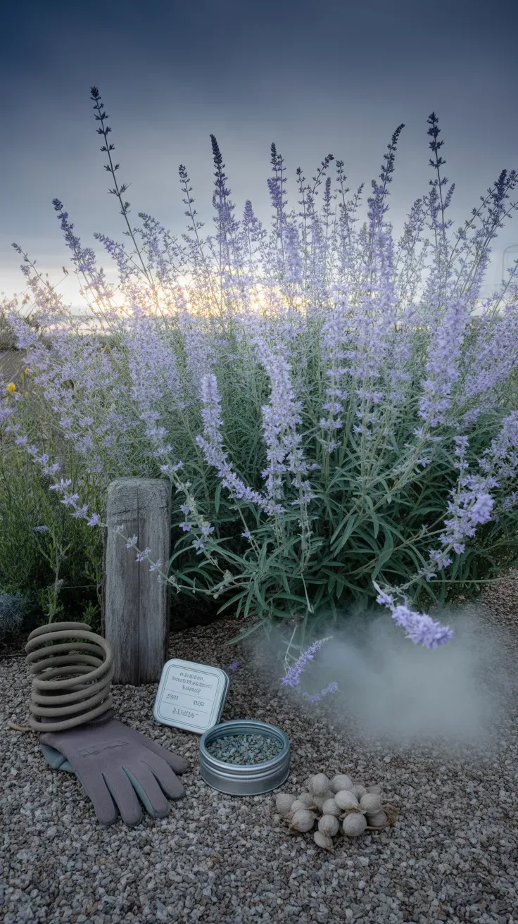Airy silver-blue Russian sage stems swaying in a dry gravel perennial border