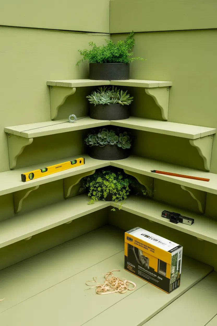 Hollowed log slice planters filled with moss and small ferns beside woodland staircase