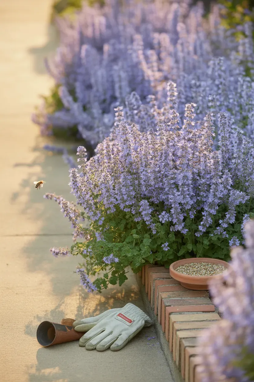 Salvia may night with deep purple flower spikes lining sunny garden edge