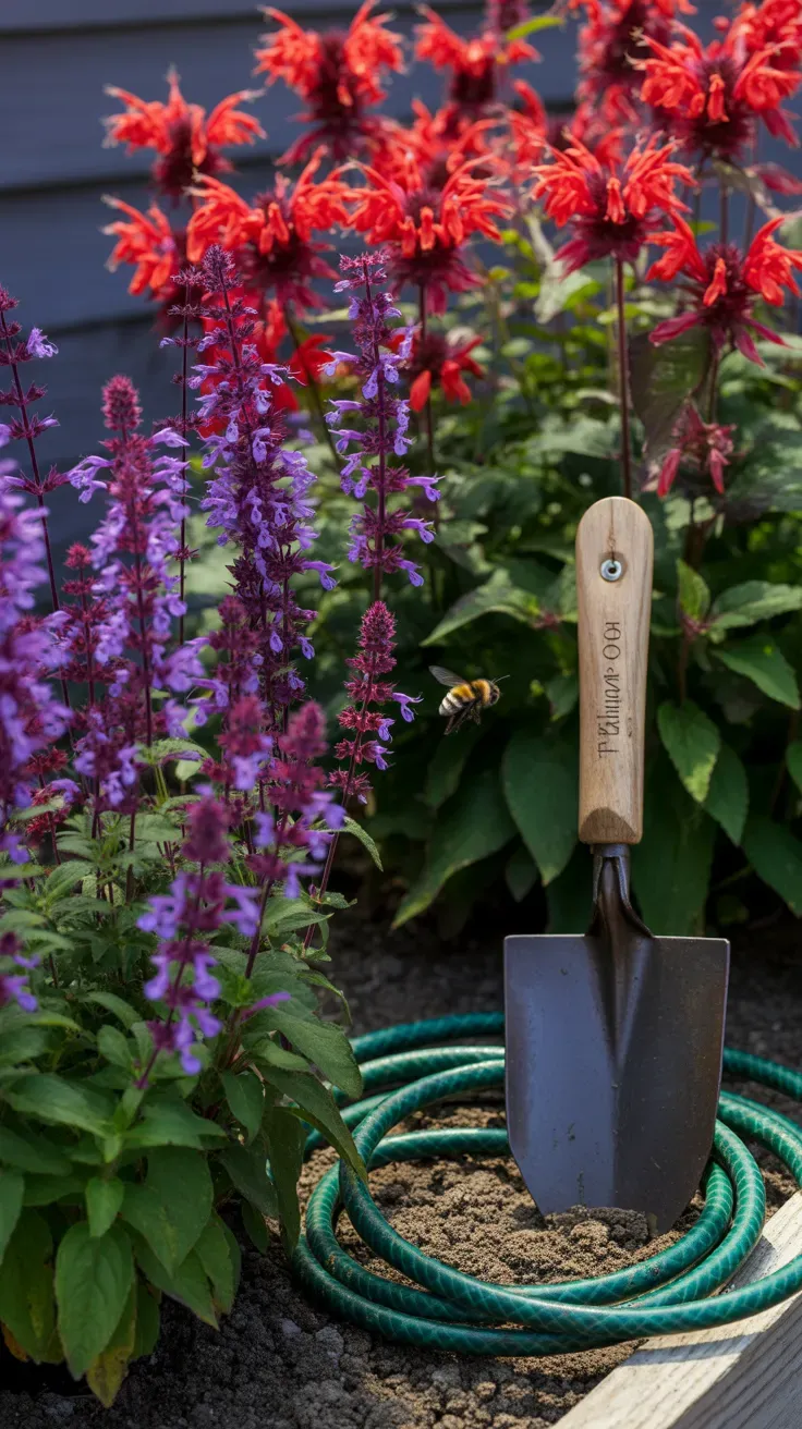 Deep purple salvia spikes growing in front of bright red bee balm blooms