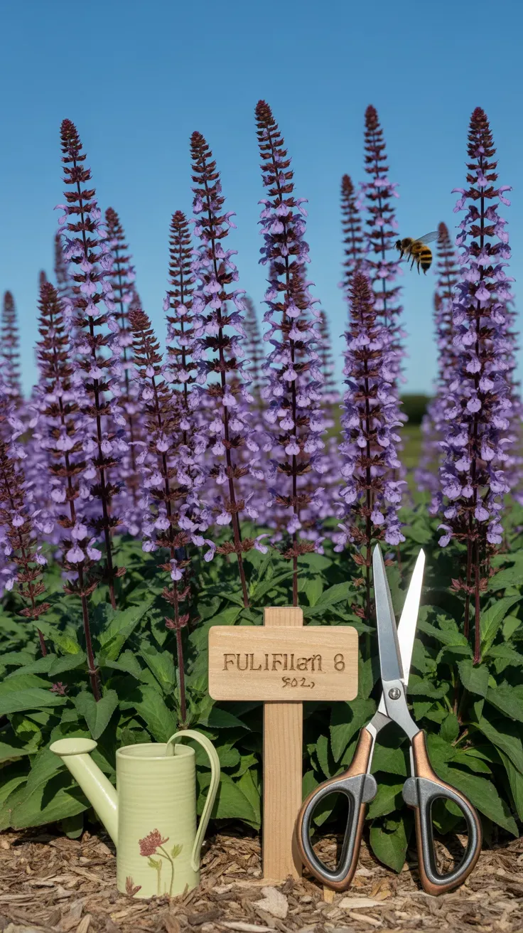 Purple salvia flower spikes standing upright in a sunny perennial garden bed