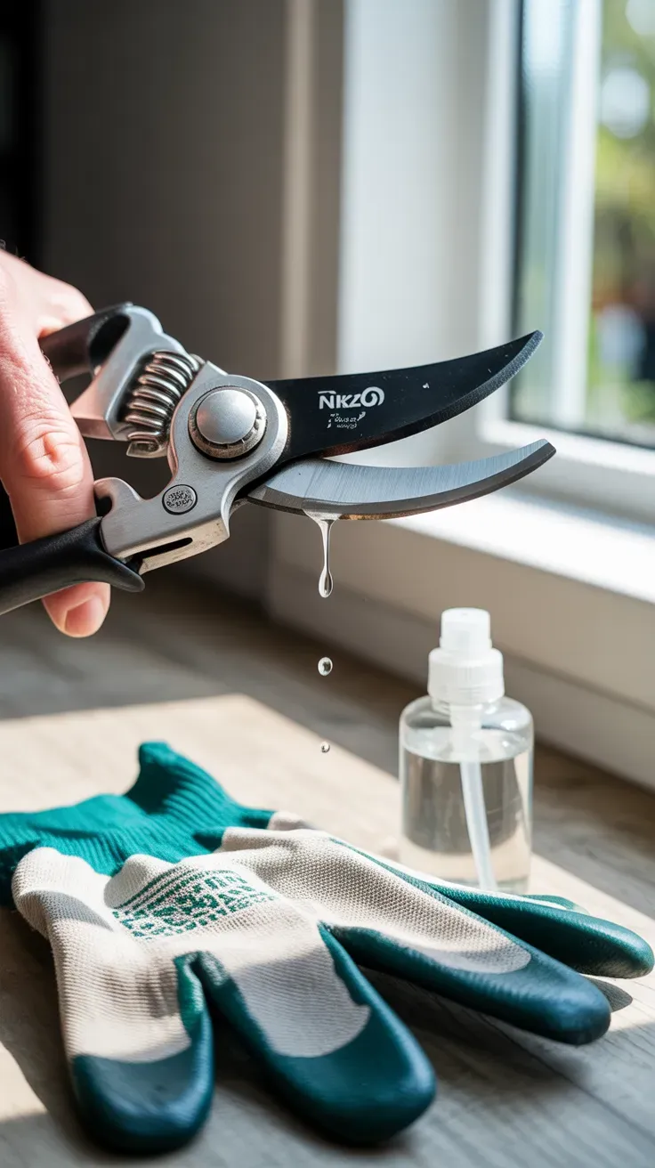 Pruning shears being wiped with rubbing alcohol on a cloth beside garden gloves