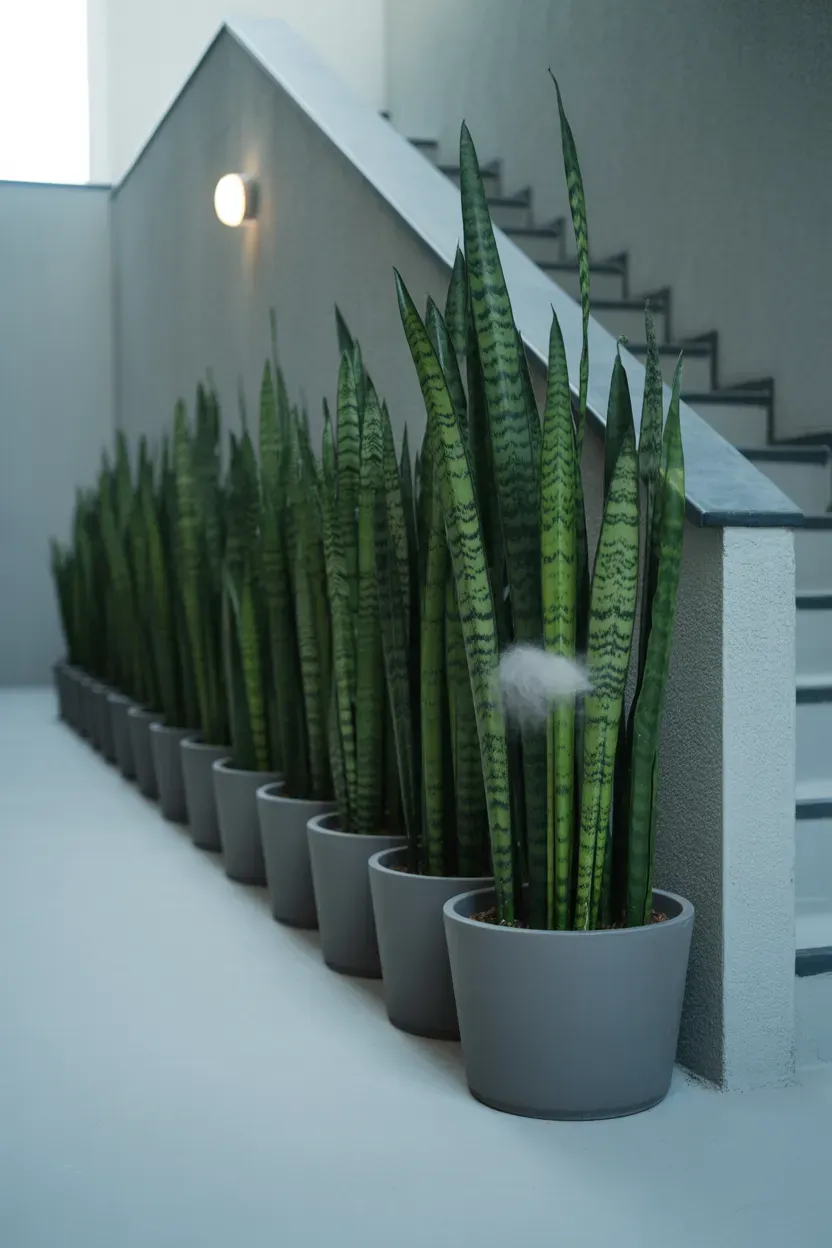 Sansevieria plants in matching minimal pots forming sculptural row along staircase