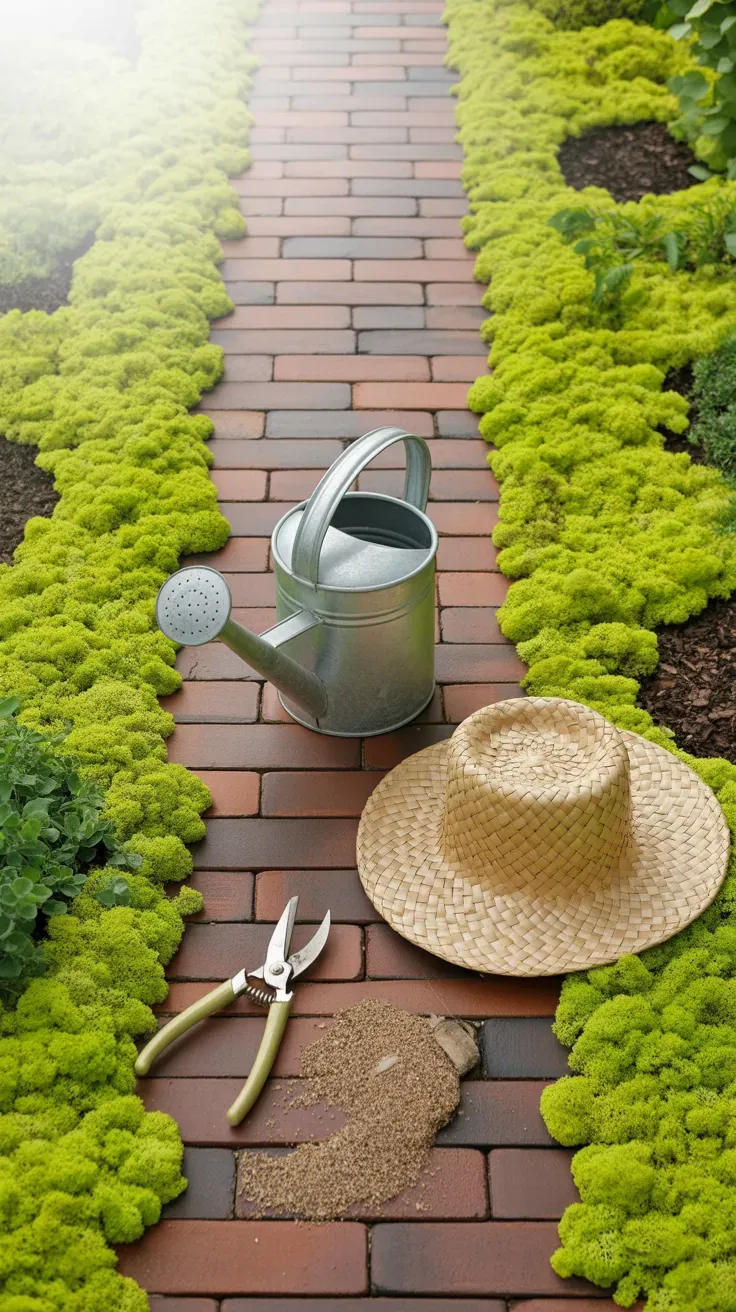 Bright chartreuse Scotch moss bordering a narrow brick garden path