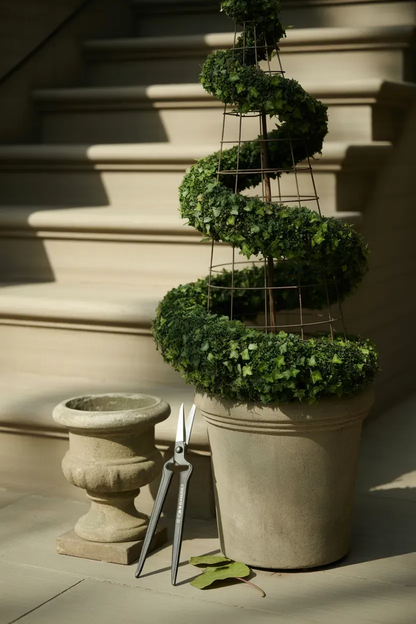 Sculpted spiral ivy topiary in stone pot providing architectural detail beside luxury staircase