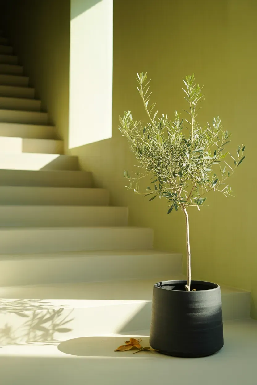 Potted olive tree with silvery leaves at the base of a bright minimalist staircase