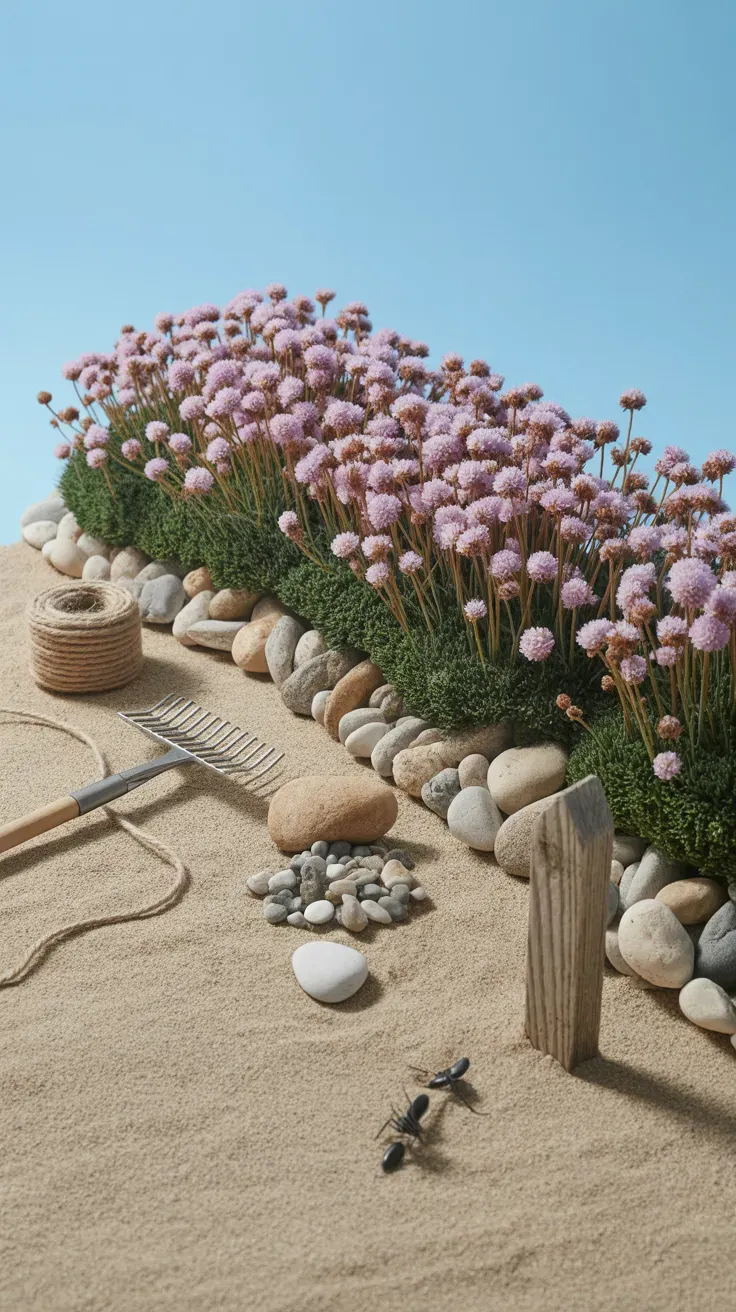 Neat mounds of pink sea thrift blooms edging a sunny rock garden border