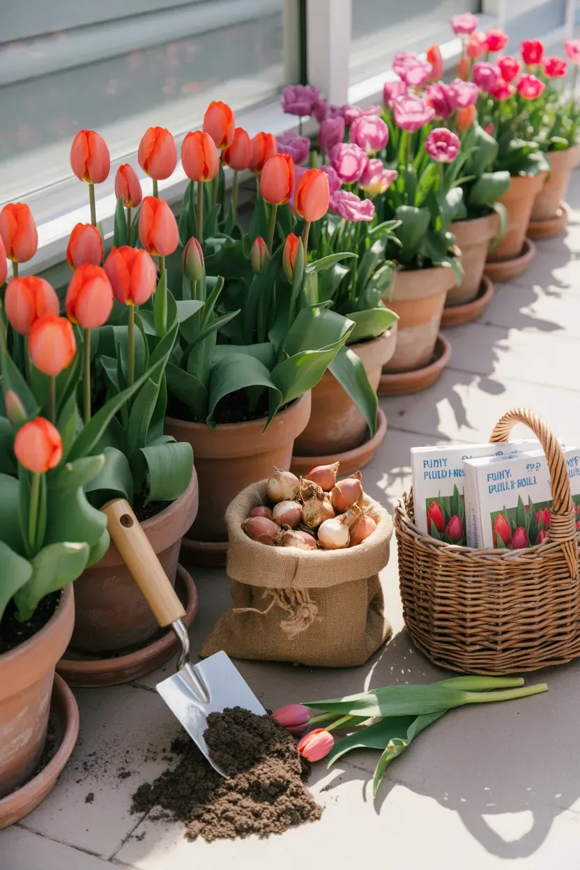 Spring tulip bulbs blooming in matching pots along sunny staircase for seasonal color